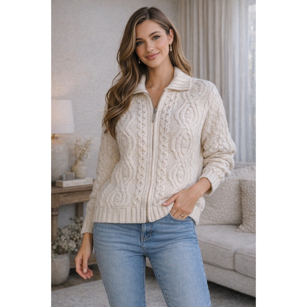 Aran Crafts 100% Merino Wool Sweater Women's L Cream Cable Knit Cardigan Ireland